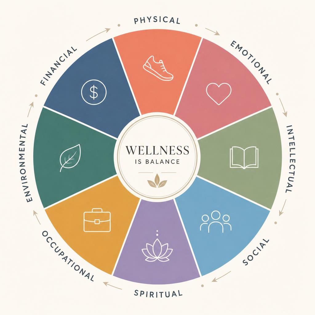 The 8 Dimensions of Wellness Wheel — a circular diagram showing Physical, Emotional, Intellectual, Social, Spiritual, Occupational, Environmental, and Financial wellness